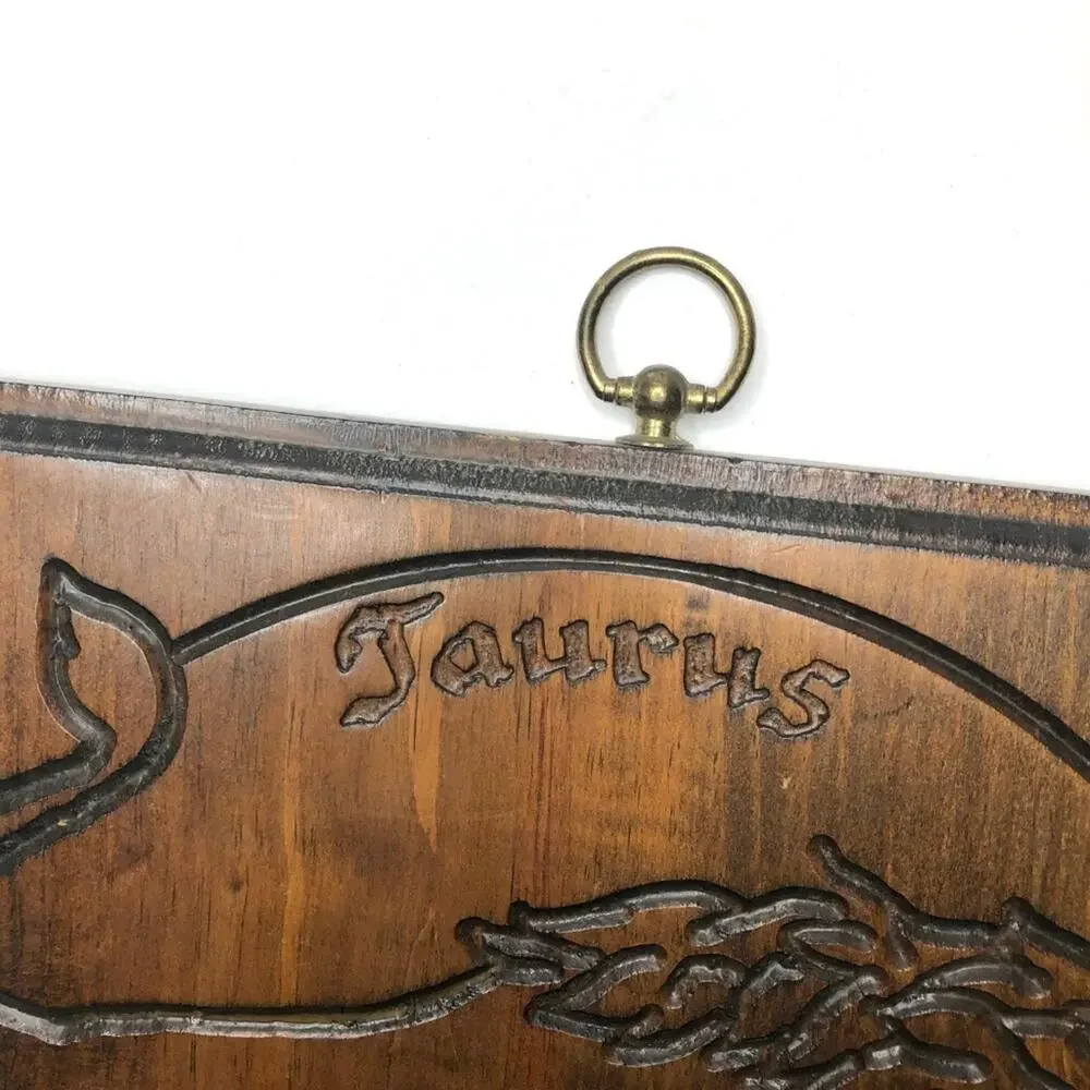 Vintage Solid Wood Carved Taurus Astrology Art